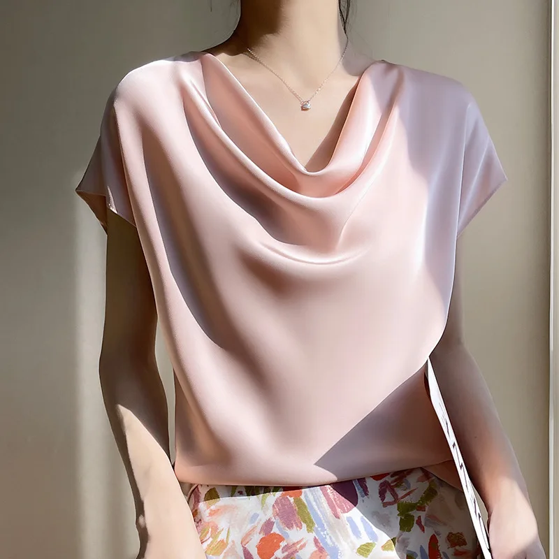 Women Silk Satin Swinging Collar Chic Elegant White Black T Shirt 2023 Summer Fashion Office Lady Simple Short Sleeve Loose Tops