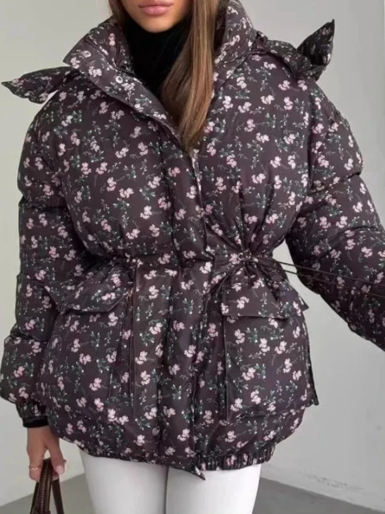 

Tossy Winter Printing Hooded Parkas Jackets For Women Warm Lace-Up Stand-Up Neck Casual Patchwork Streetwear Coat Female Parkas