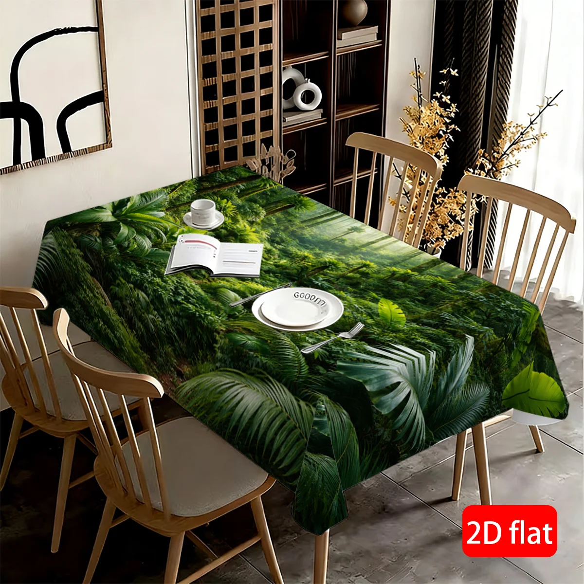 Realistic Tropical Jungle Greenery Tablecloth Waterproof Spillproof Dining Table Cover for Home Decor