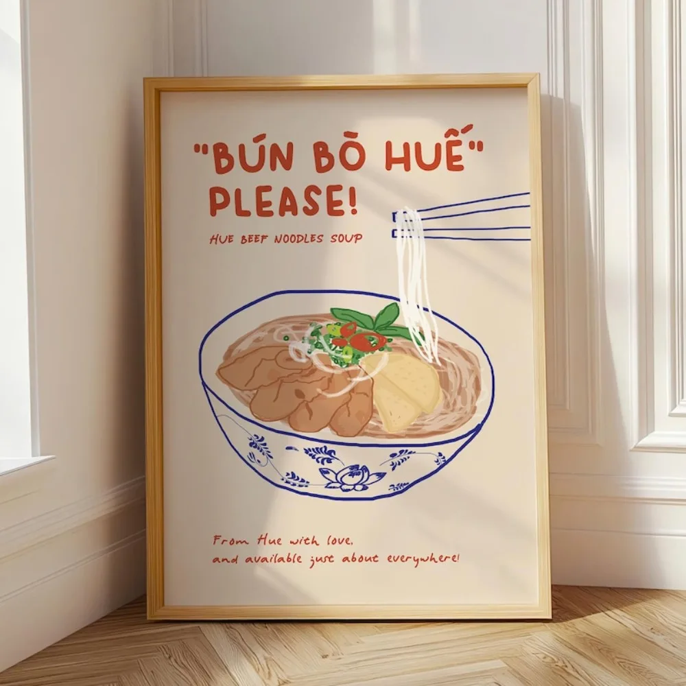 Hue Sopa de fideos de res, póster de fideos vietnamitas, impresión de alimentos, arte vietnamita, comida vietnamita, ilustración de alimentos asiáticos, imprimible