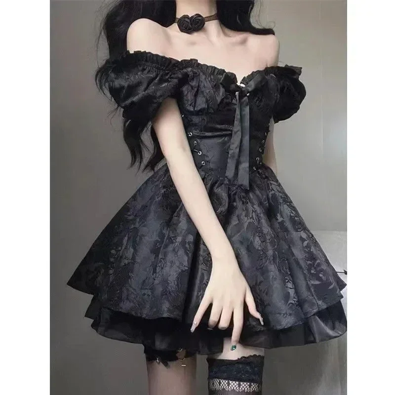 

Japan Vintage Gothic Lolita Dress Women Black Square Puff Sleeve Jacquard Design Party Dresses Female A-line Cute Bow Mini Dress