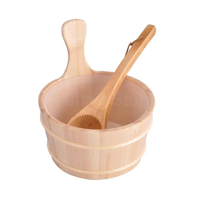 4L Wooden Sauna Bath Bucket Set With Spoon Set for Sauna Bath Shower Wooden Bucket Spa Steam Water Accessories for Bathroom