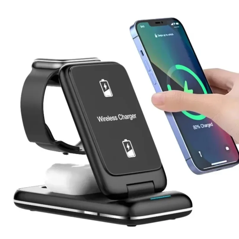 15W 3 in 1 Foldable Wireless Charger Portable Fast Charging Station Dock Holder for iPhone 17-12 Apple Watch AirPods Pro