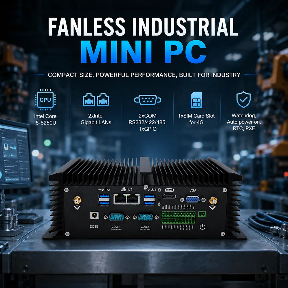 Eglobal Industrial Fanless Mini PC Intel Core i5 8250U i7 7500U Computer Desktop Lapto Linux Ubuntu 2 * COM 8 * USB 2 * LAN HDMI VGA