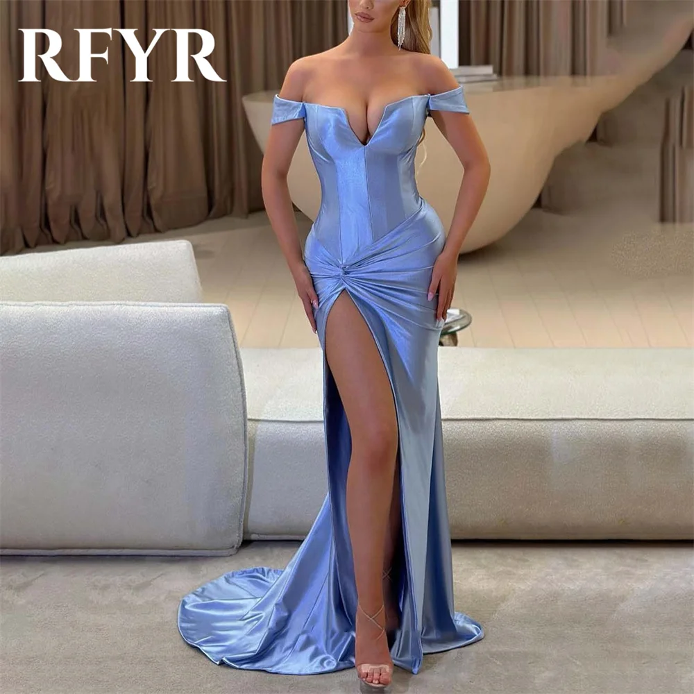 

RFYR Blue Prom Dress Sleeveless V-Neck Satin Evening Dress Off The Shoulder Trumpet Party Dress with High Slit Pleat فساتين سهرة