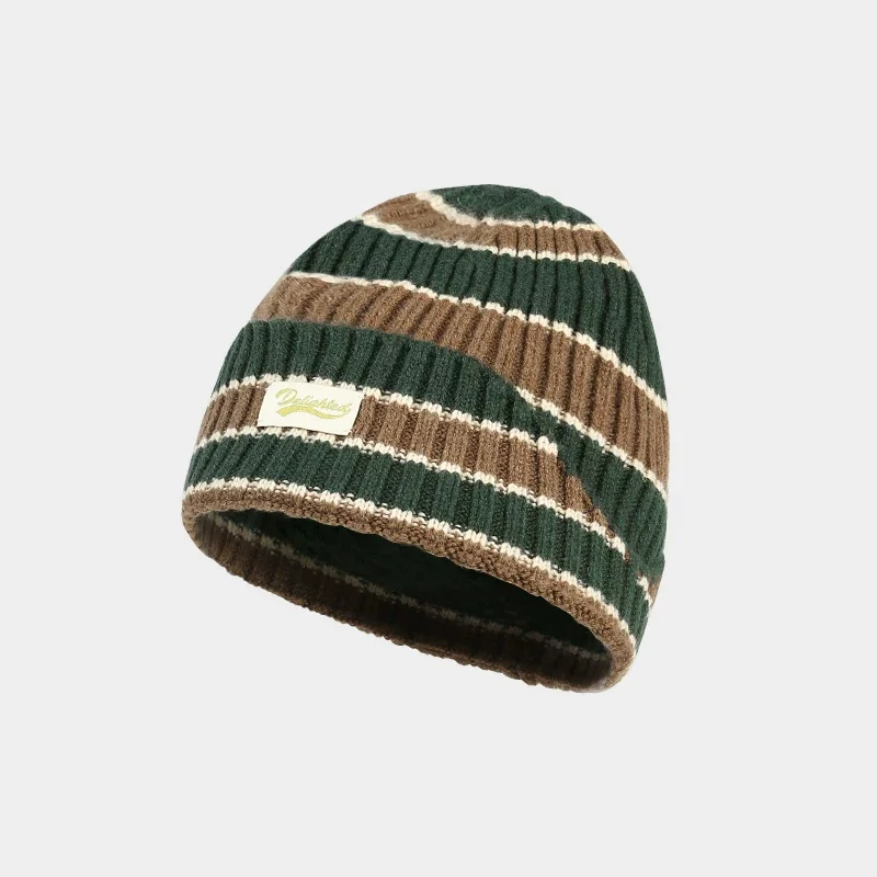 

2025 Winter Striped Beanies Hat for Women Knitted Vintage Thickened Warm Baggy Cap Trendy Windproof Ear Protecet Bonnet Female