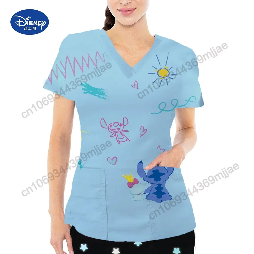 Casual and comfortable short sleeve women's Disney cartoon style women's double pocket V-neck popular T-shirt new nurse uniform