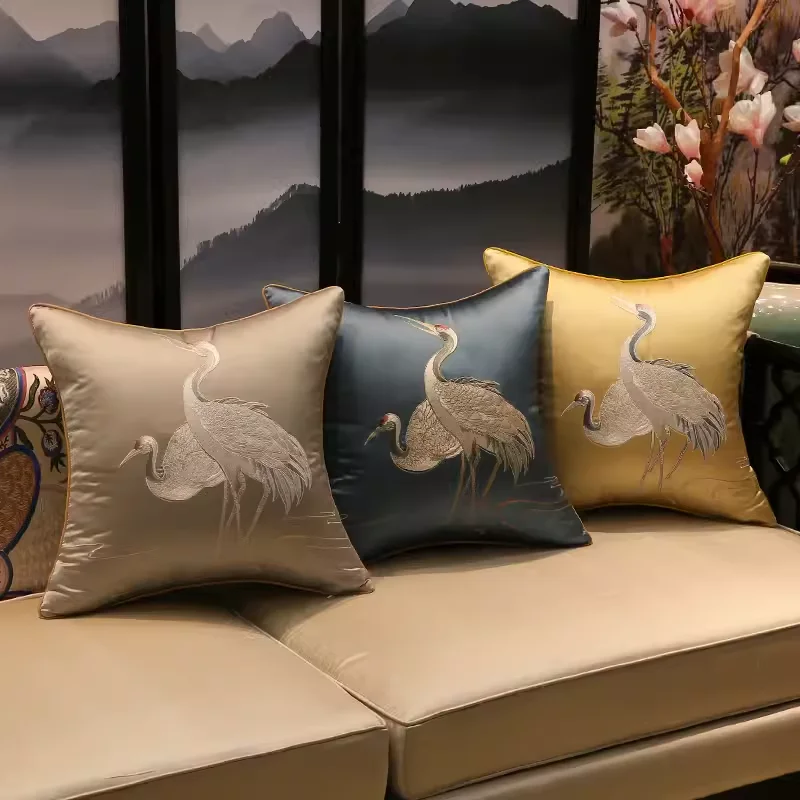 High-end Embroidered Silk-like Birds Square Home Sofa Decorative Crane Pillow Case 4 Colors No Insert