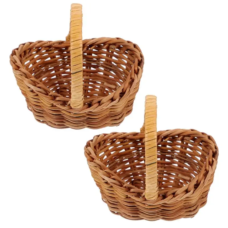 2Pcs Small Flower Basket Handheld Woven Basket Rattan Woven Mini Hand-Carried Basket Household Office Decor Basket Ornaments