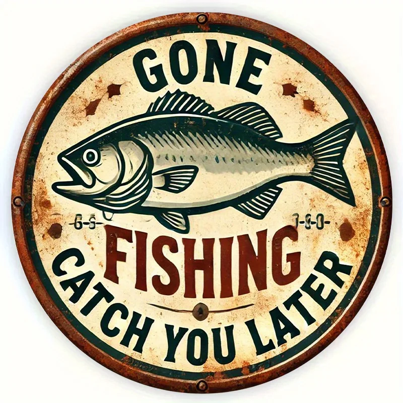 2D Flat, 1pc Vintage Fishing Metal Wall Sign - 8.0inch X 8.0inch Round Iron Rustic Decor with 