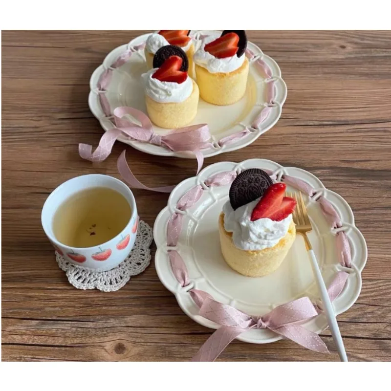 Cream Yellow and Empty Lace Ceramic Plates, Wedding Dinner Plates, Flower Ornaments, Gifts for Girlfriends