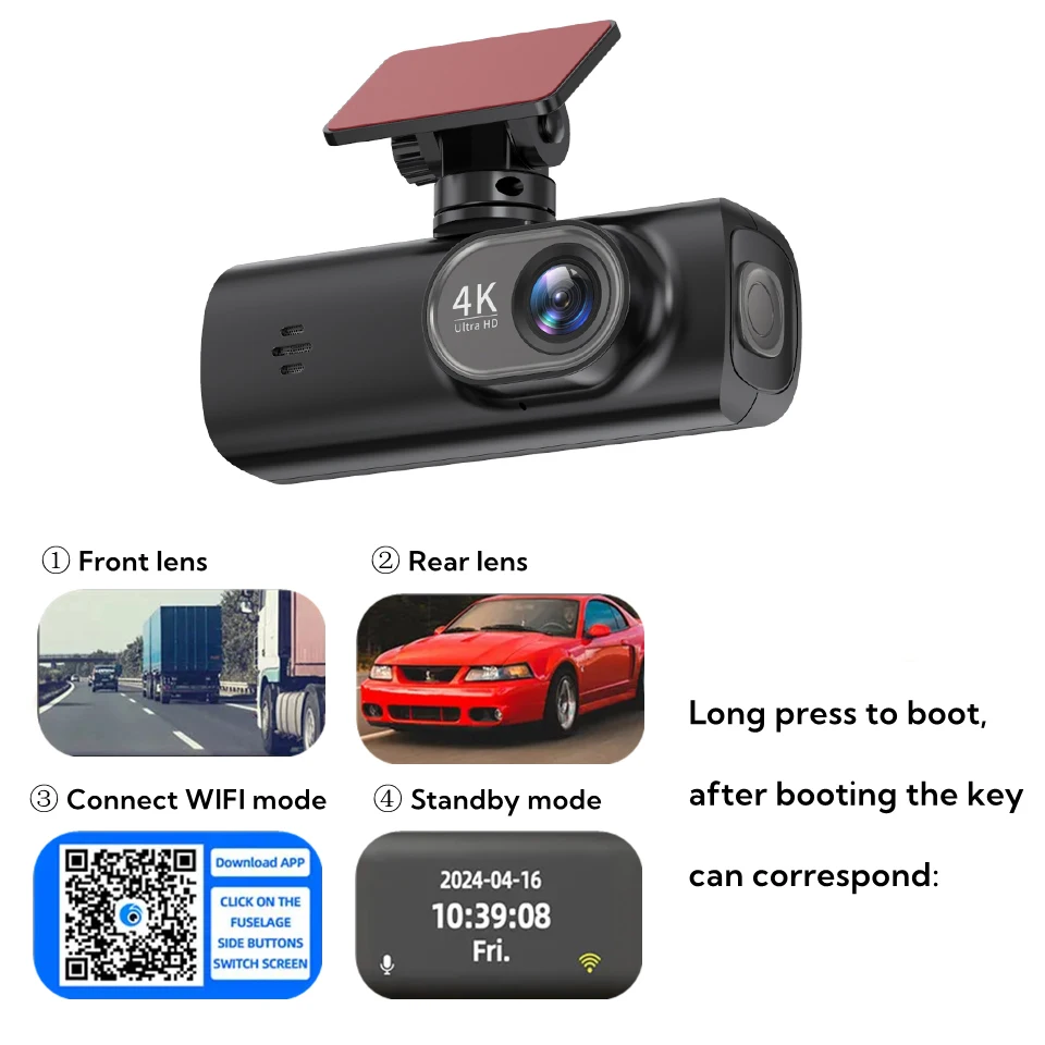Yangood 4K Dashcam ثنائي القناة مسجل فيديو جهاز تسجيل فيديو رقمي للسيارات دعم 1080P كاميرا الرؤية الخلفية واي فاي نظام تحديد المواقع وضع وقوف السيارات G-الاستشعار الصندوق الأسود