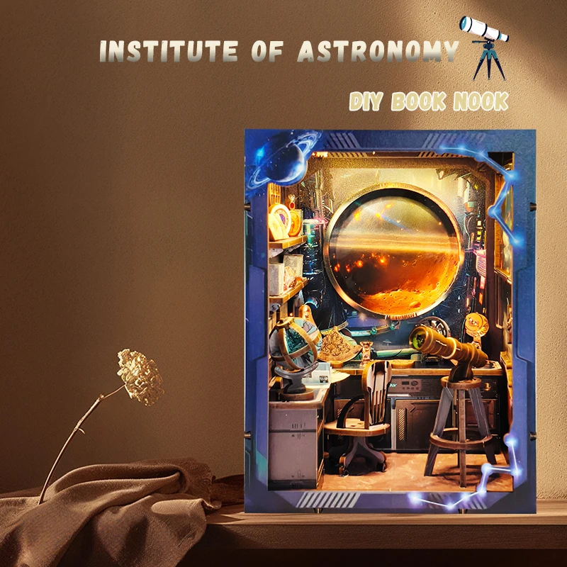 DIY Book Nook Institute of Astronomy sujetalibros Kit de modelo en miniatura de madera con luces Led estantería para amigos regalos de cumpleaños