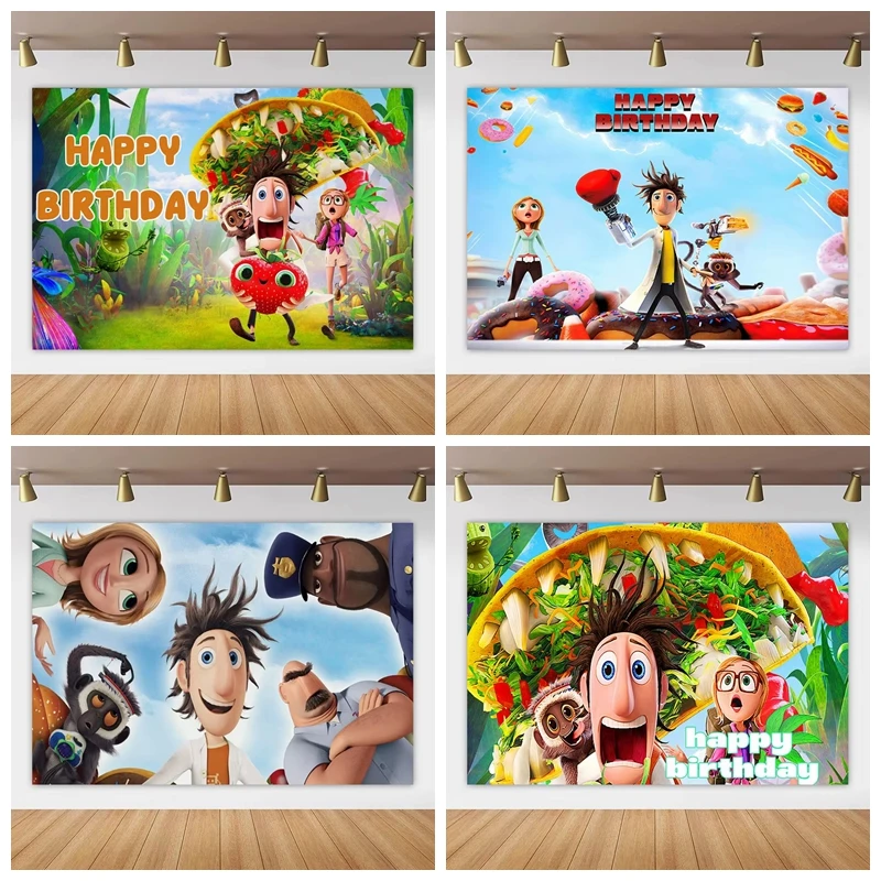 

CLOUDY WITH A CHANCE OF MEATBALLS Birthday Party Backdrop Custom Photography Background Girl Princess Cartoon Photo Booth Decor