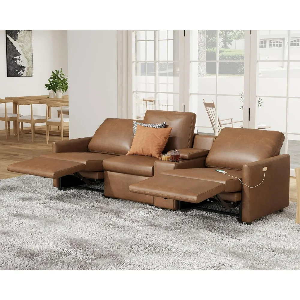 Reclining Sectional Sofa, Power Recliner with Console& Dual Recliner, 3 Seater Recliner Couch with Cup Holder& Charging Socket