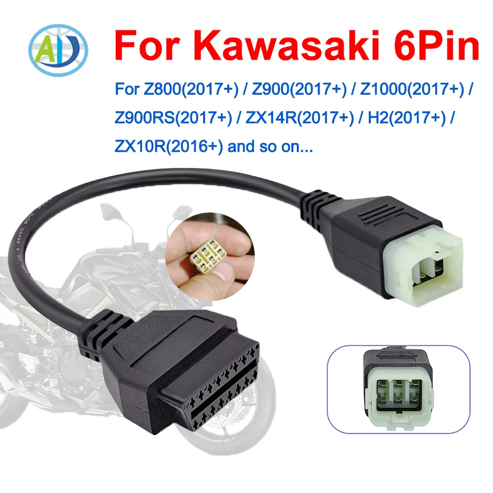

For Kawasaki 6 Pin OBD Diagnostic Cable for Z900RS, Z800, Z900, Z1000, ZX10R, ZX14R, H2 Motorcycle OBDII Adapter Cable Connector