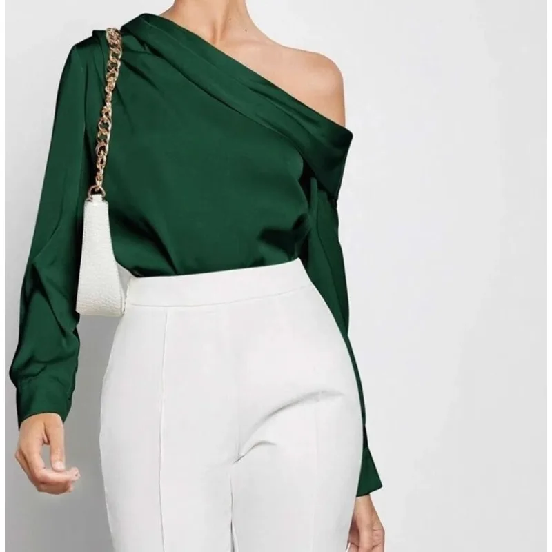 

Pleated Satin Shirt Top, Spring and Summer Off-the-shoulder Asymmetrical Long-sleeved Shirt Women's Clothing
