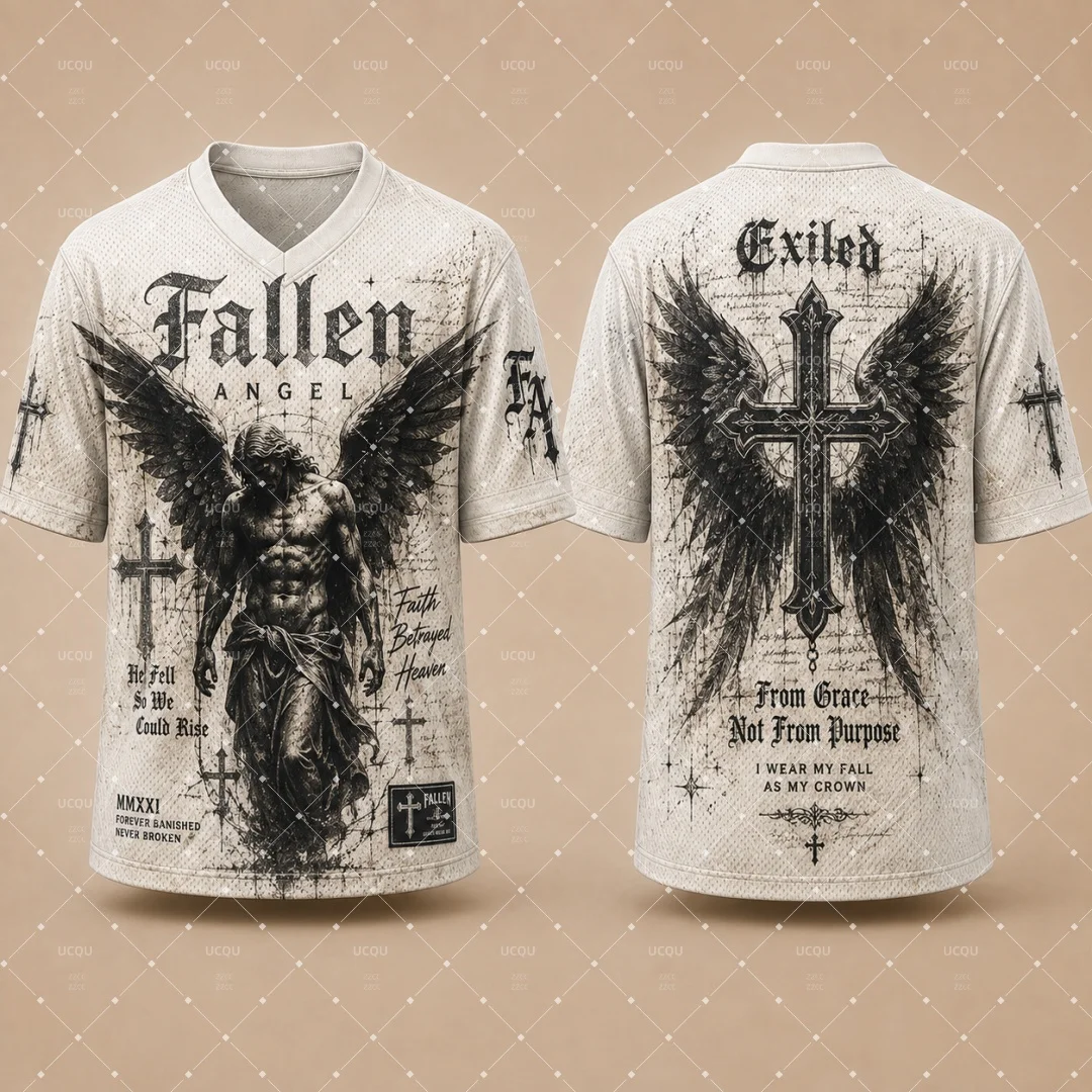 Gothic Fallen Angel Cross Graphic V‑Neck Mesh Jersey T‑Shirt Men Dark Grunge Wing Streetwear Breathable Mesh Unisex Short‑Sleeve