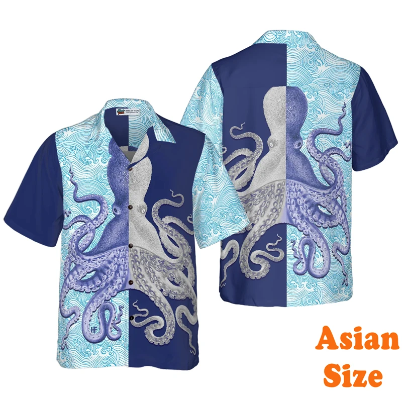 

Vintage 3D Print Octopus Shirt Men Clothing Personality Street Loose Hawaiian Shirts Sea Animals Daily Casual Summer Blouse Tee