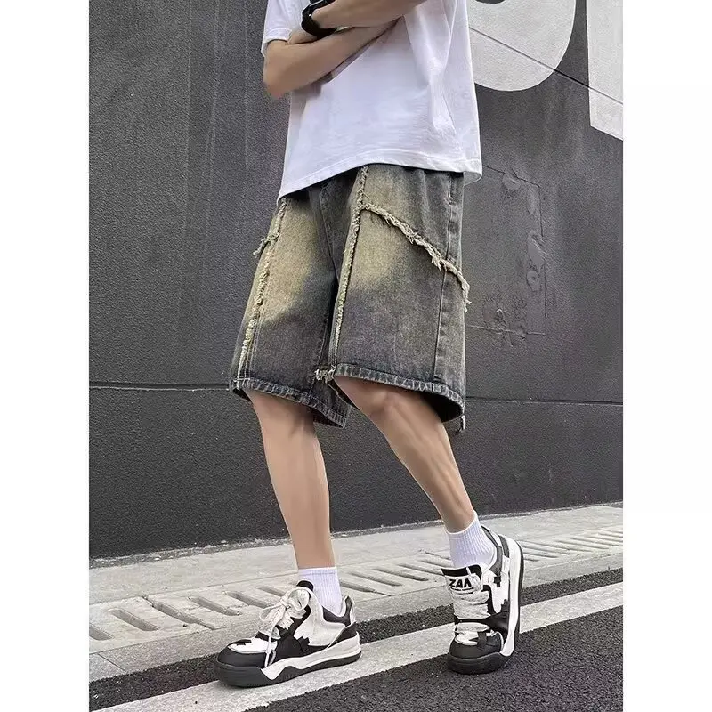 الأدبية الجديدة المتناثرة جوكر الاتجاه غير العلامة التجارية اليابانية الدنيم السراويل الذكور 2025 صيف جديد الأمريكية الرجعية.