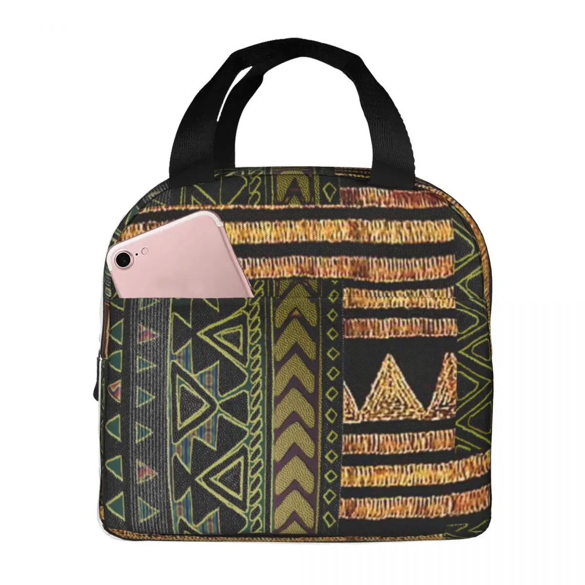 

Lunch Bag for Men Women African Tribal Motif Pattern Insulated Cooler Portable Picnic Travel Ancient Tote Food Storage Bags