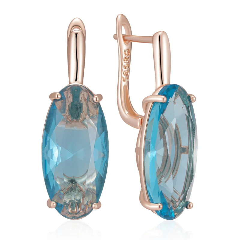 Kinel Hot Shiny Blue Big Oval Dangle Earrings For Women 585 Rose Gold Color With Natural Zircon High Quality Daily Fine Jewelry