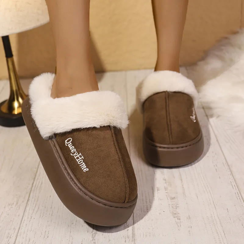 

Winter Women and Man Flat-Bottomed Plush Commute Solid Color Versatile Cotton Slippers Warm Cozy Thick Sole Furry Indoor-Outdoor