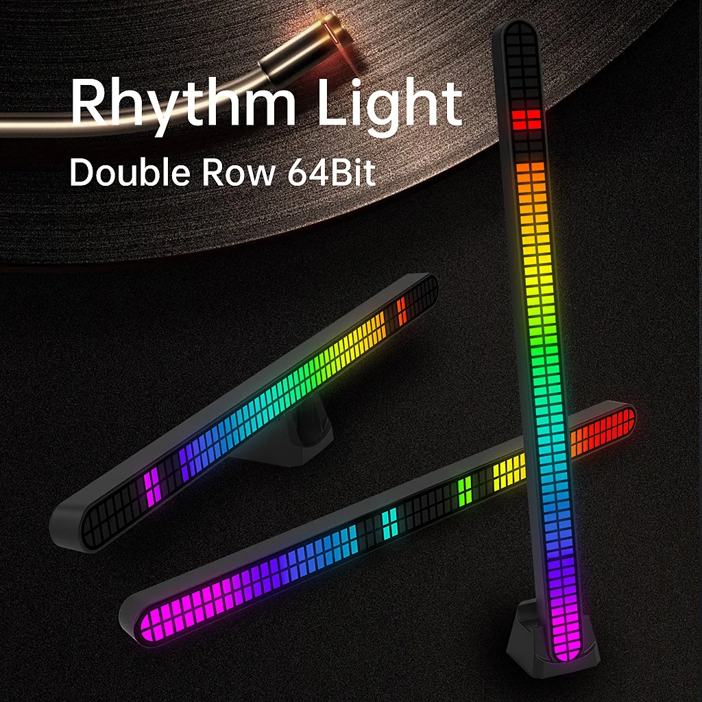 30CM Double-row 64bit RGB PickUp LED Bar Rechargeable Magnetic Install Music Rhythm Light Car Atmosphere Lighting Desktop Light