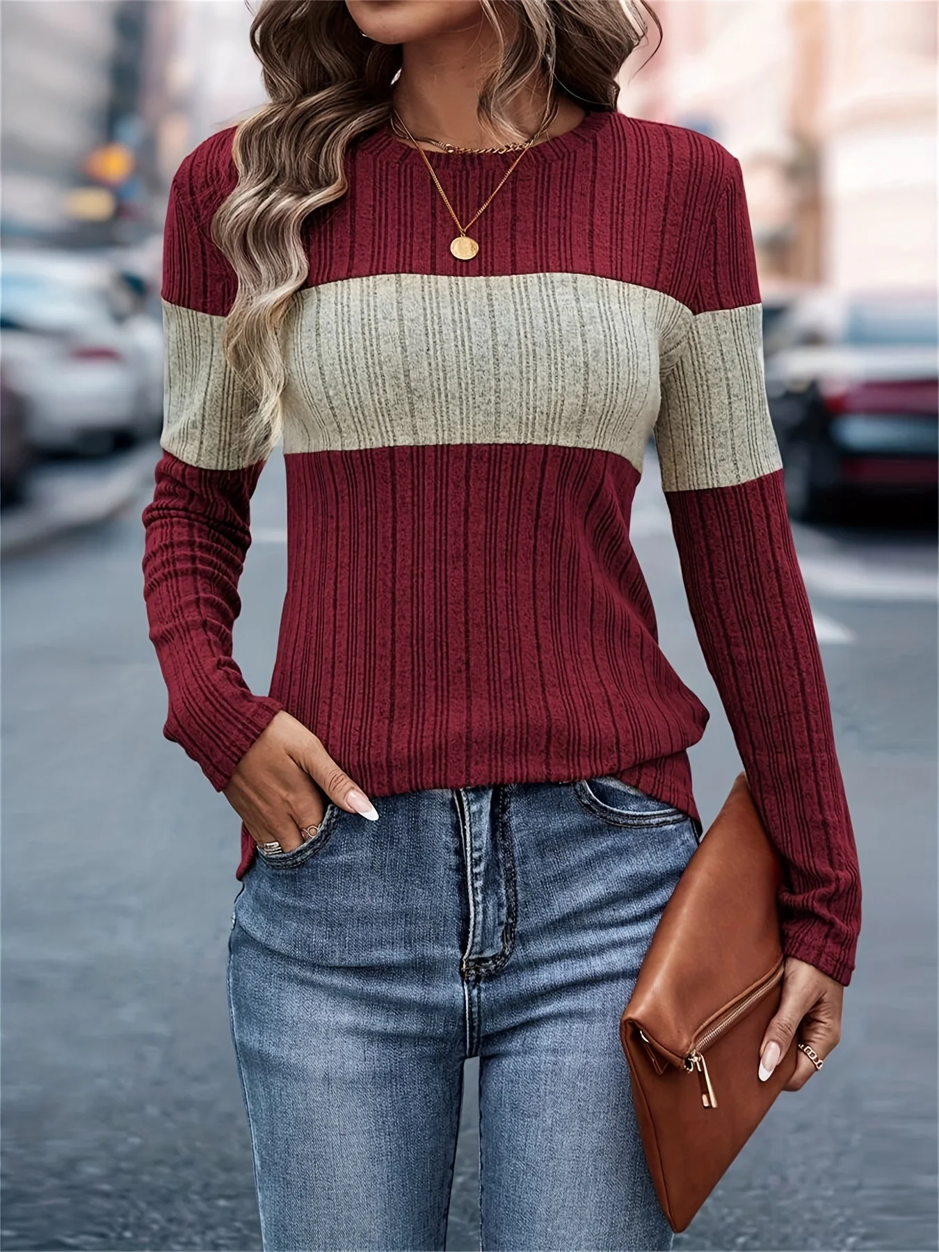 تي شيرت نسائي بألوان مرقعة بياقة دائرية ، تي شيرت أنيق بأكمام طويلة ، للربيع والخريف #5