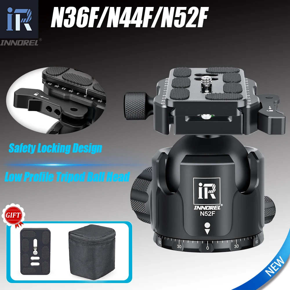 INNOREL N36F/N44F/N52F Black Low Profile Panoramic CNC Metal Ballhead, Fast Lever Release with 2 Plates for Tripod Monopod DSLRS
