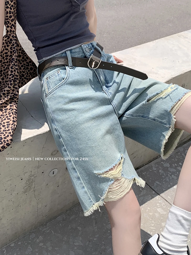 

Slergiri Washed blue ripped half jeans woman new streetwear high-waisted boyfriend loose wide-leg raw hem denim shorts female