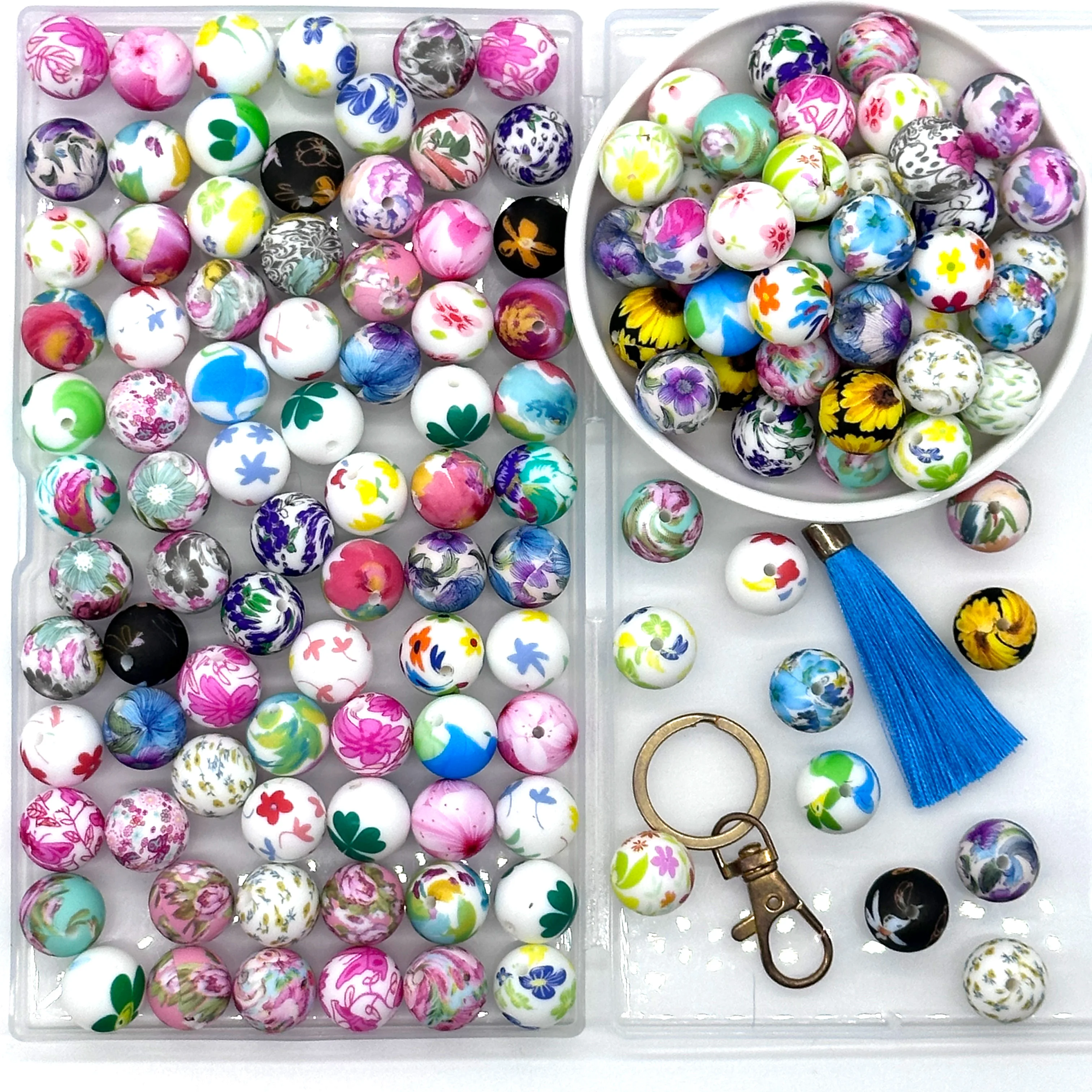 10 stuks 15 mm siliconen bedrukte kralen ronde bloemserie siliconen kralen DIY ketting plastic pen kraal sleutelhanger armband