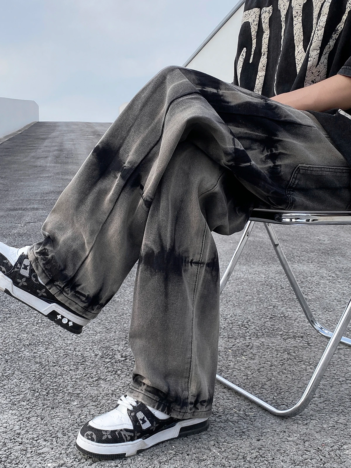 

Американские широкие джинсы в стиле хип-хоп для мужчин, весенне-осенние, свободные, модные, брендовые, с эффектом окрашивания, прямые длинные брюки