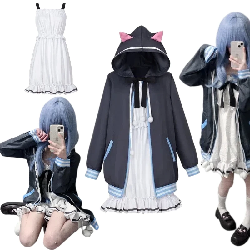 

Game Nishiki Asumi Cosplay Costume White Spaghetti-strap Dress Coat Tie Full Set Nightgown Role Play Outfit for Women