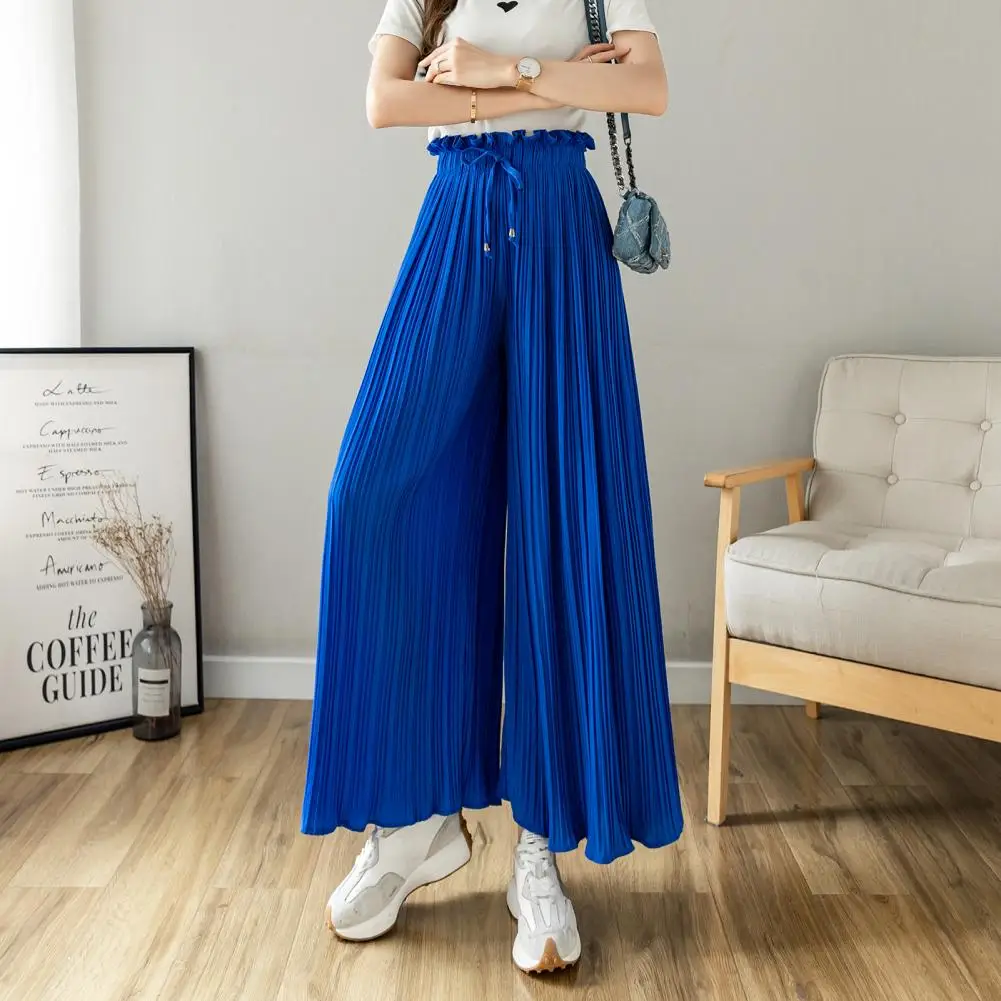 Women Pants Stylish Wide Leg Trousers Elastic High Waist Adjustable Drawstring Pleated Design Women's Casual Pants High-waisted