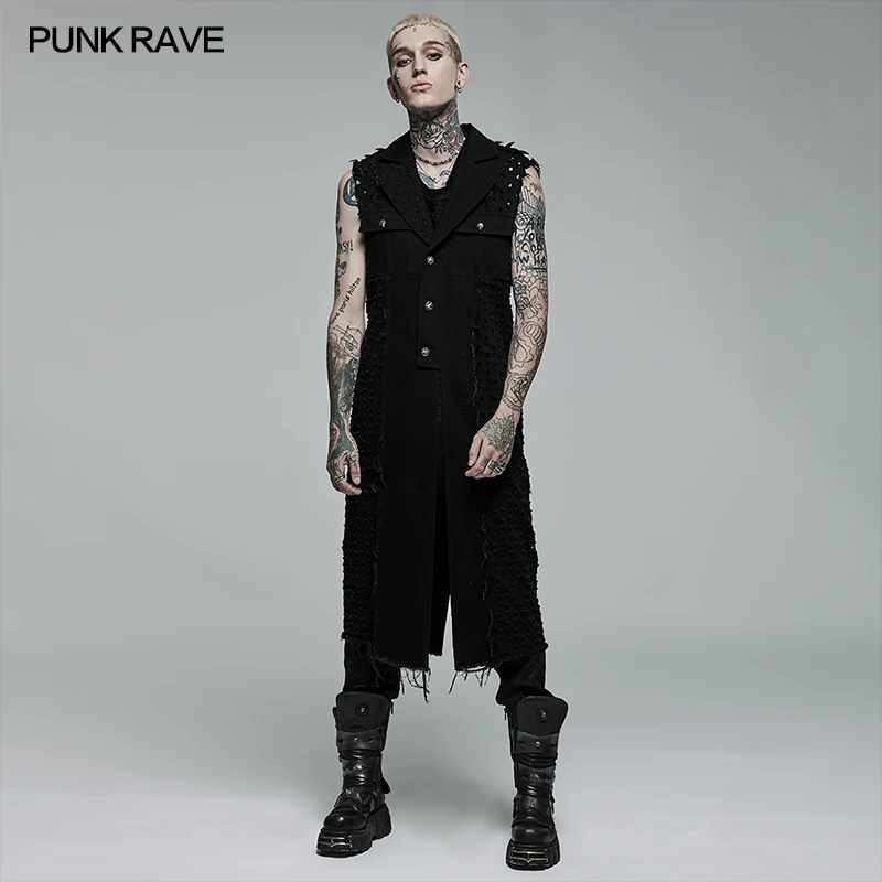 

PUNK RAVE Men's Punk Style Old Medium Length Sleeveless Vests Non-elastic Woven Fashion Casual Handsome Men Jacket Four Seasons