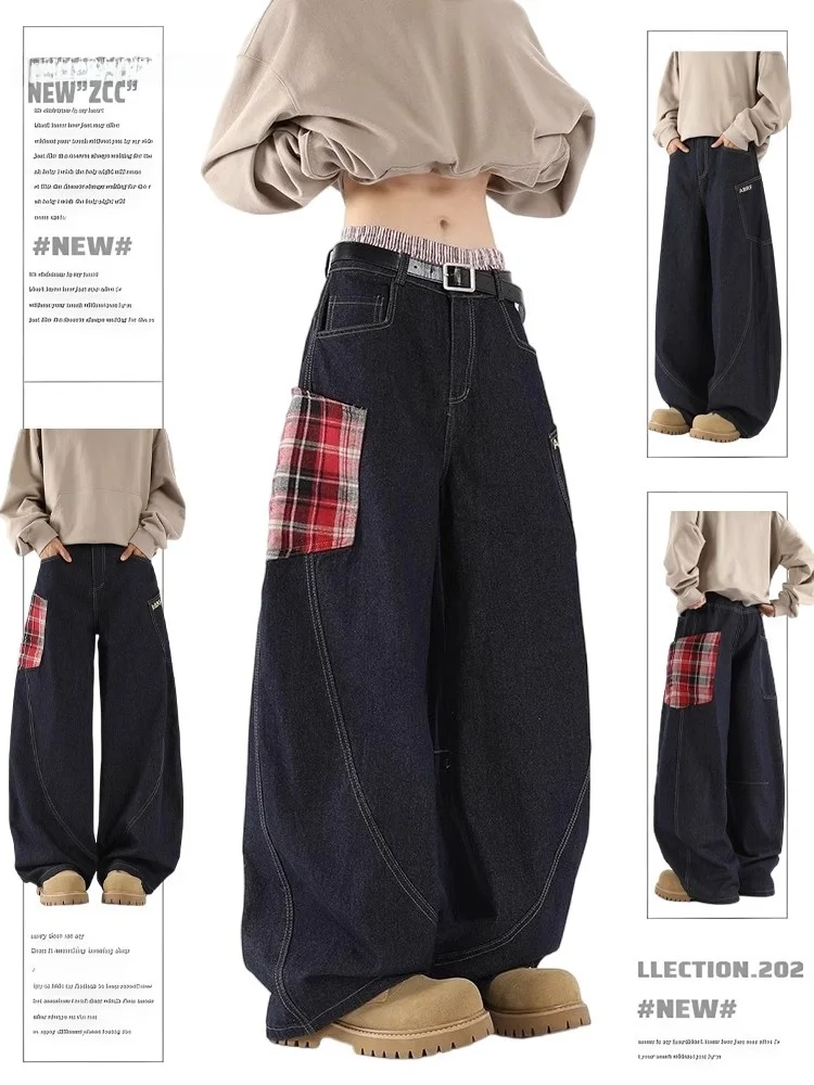 

Американские джинсы-клеш с широкими штанинами в клетку для женщин, весна-осень, новинка, ретро, свободные, с драпировкой, в стиле High Street