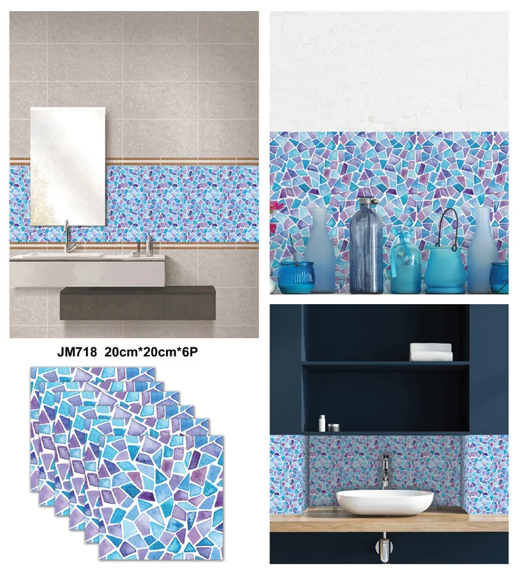 20x20cm 6pcs 3D Textured Wall Stickers Self-Adhesive for Bathroom Kitchen Tile Effect Waterproof Kitchen Renovator