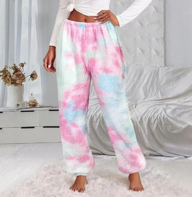 Winter Casual Home Sleepwear Fashion New Coral Fleece Lace Up Tie Dye Double-Sided Home Pants Elegant Temperament Home Pants