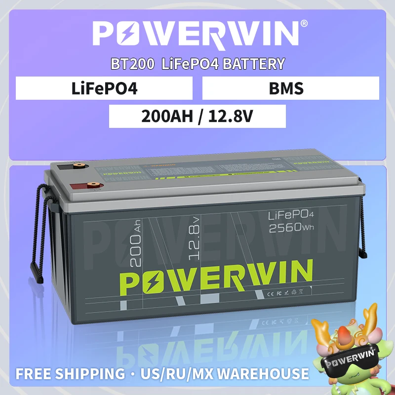 POWERWIN 12.8V 200Ah LiFePO4 2560Wh/1280W BT200 Solar Rechargeable Built-in 200A BMS GradeA 4000+ Deep Cycle Fish Boat