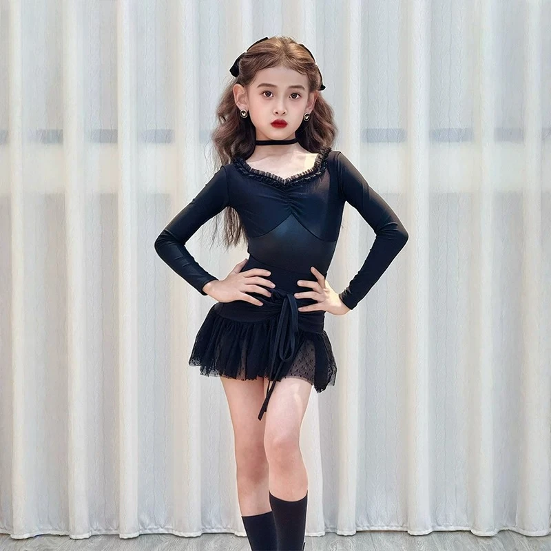 Autumn/Winter New Style Latin Dance Training Outfit for Girls and Children High-end Long-Sleeved Short Skirt Training Outfit Set