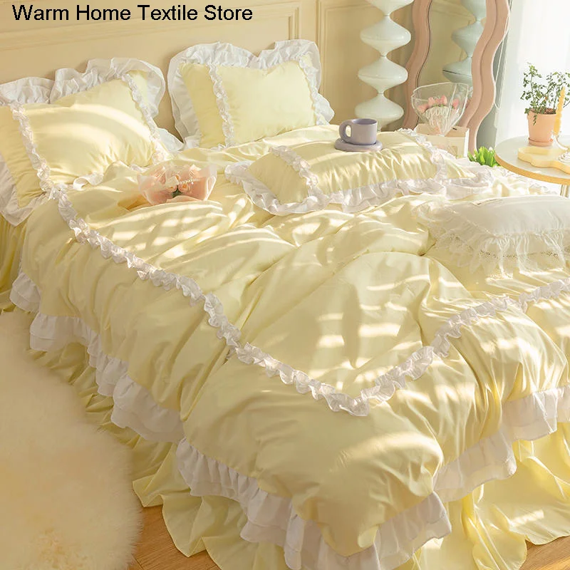 Ins Princess Bedding Set Luxury Quilt Cover Ruffled Lace Pillowcase Flat Bed Sheets Set Simple Girl Home Textiles Bed Linen