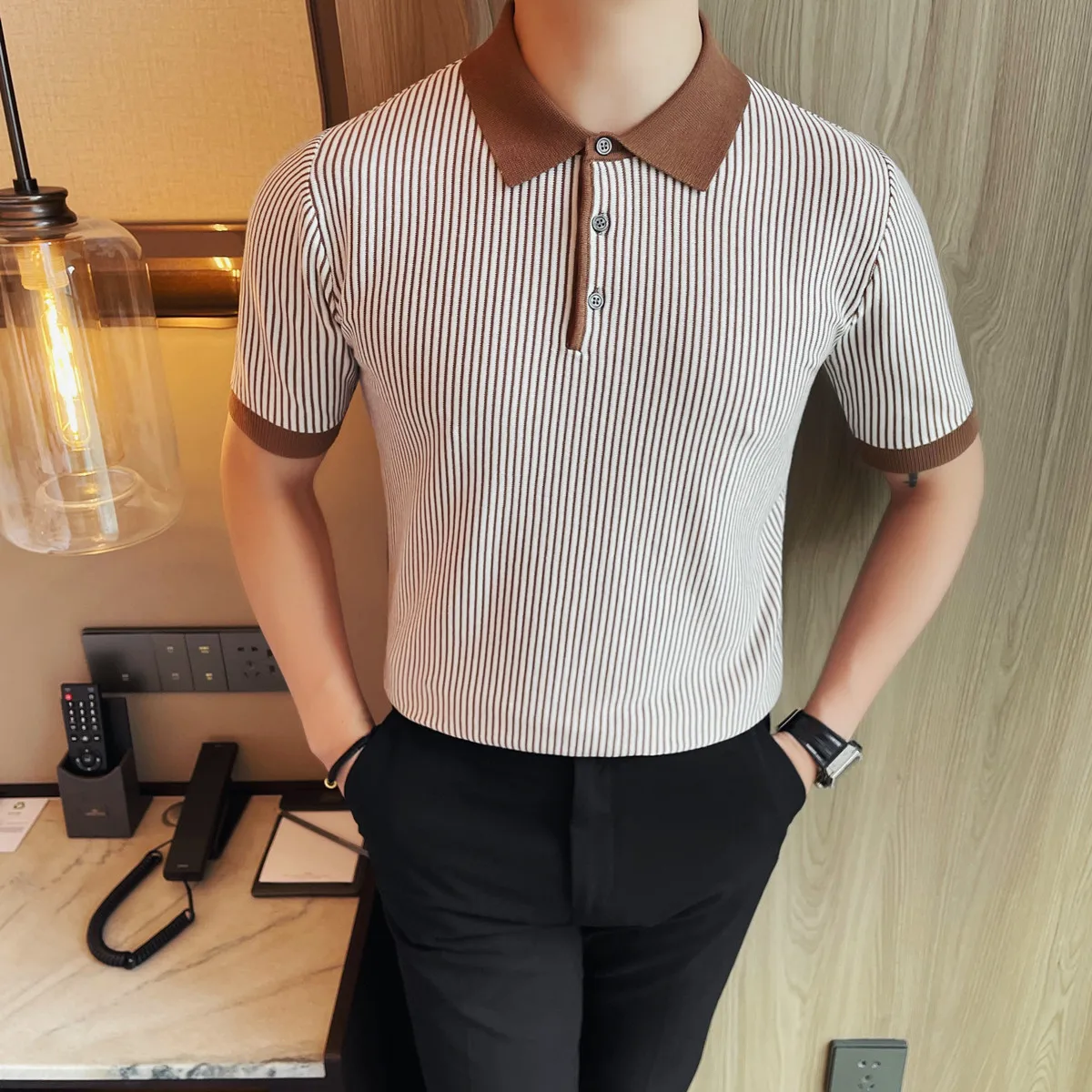 

Striped Men's Short Sleeved Lapel Polo Shirt Summer Fashion Versatile Casual Knitted T-shirt Ice Silk Breathable Business Polo