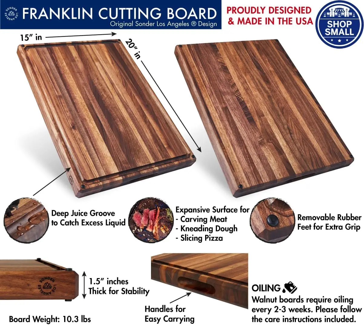 Large Thick Edge Grain Walnut Wood Cutting Board with Non-Slip Feet