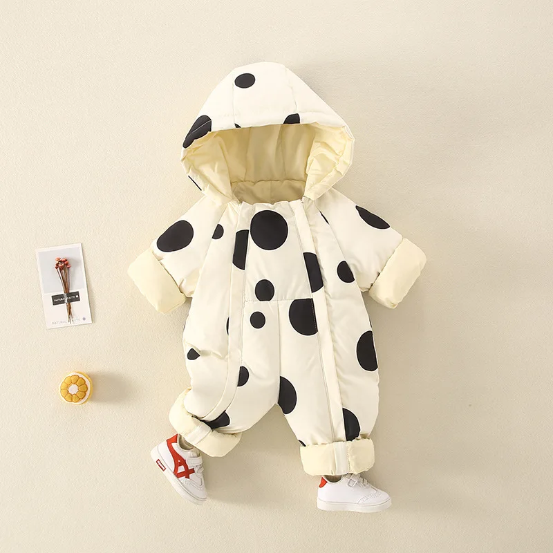 Baby Boys and Girls Baby Cloths Winter Hooded White Down  children's Polka Dot Clothing Ha-clothing Crawling Suit Thickened Coat