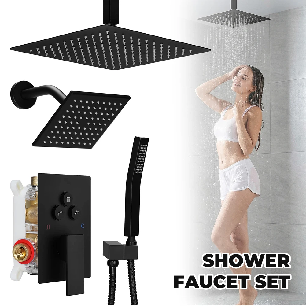 

Комплект для душа с потолочным креплением 12 дюймов, настенным креплением 6 дюймов, душевой лейкой, кнопочным переключателем и ручным душем 2-в-1 для ванной комнаты и отеля