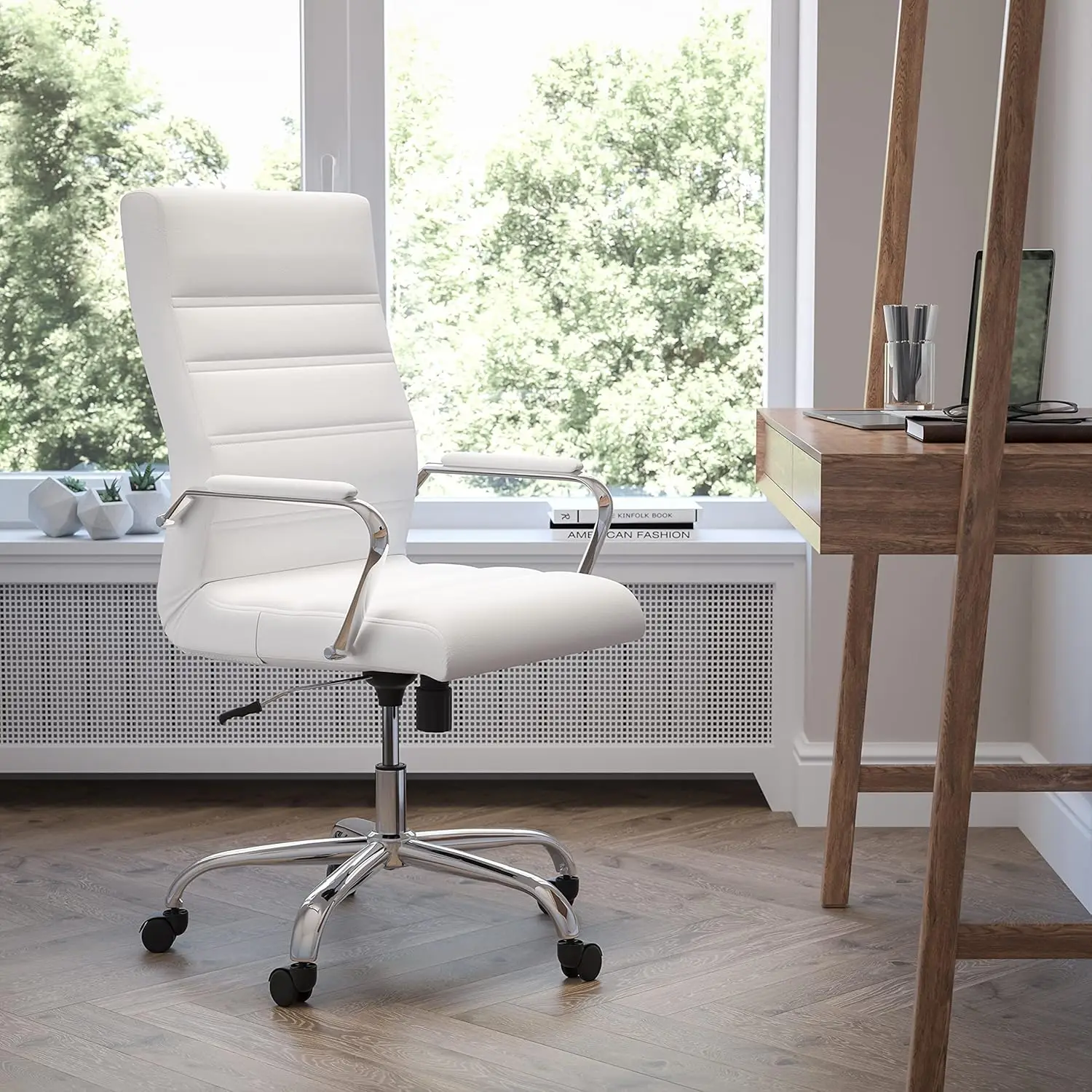 High-Back Swivel Desk Chair with Padded Seat and Armrests, Adjustable Height Padded Office Chair, White/Chrome