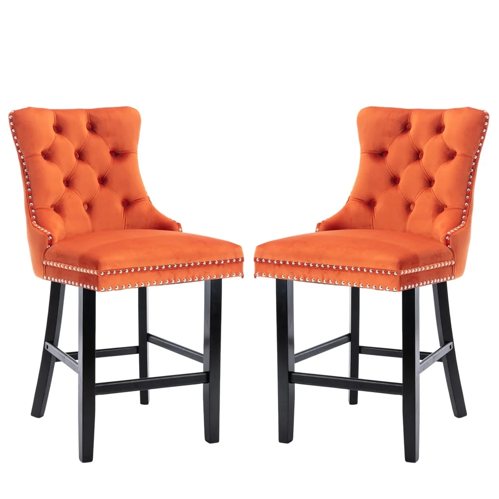 Upholstered Bar Stools Set of 2 Velvet Counter Height Chairs with Backrest Footrest Kitchen Dining Room Indoor Use