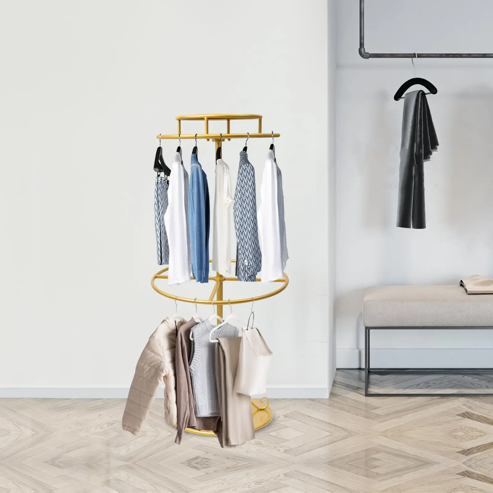 Appendiabiti rotondo ruotabile da 55 pollici di altezza, appendiabiti rotondo al dettaglio a 2 livelli con carico di 50 libbre, Ra circolare in metallo da terra