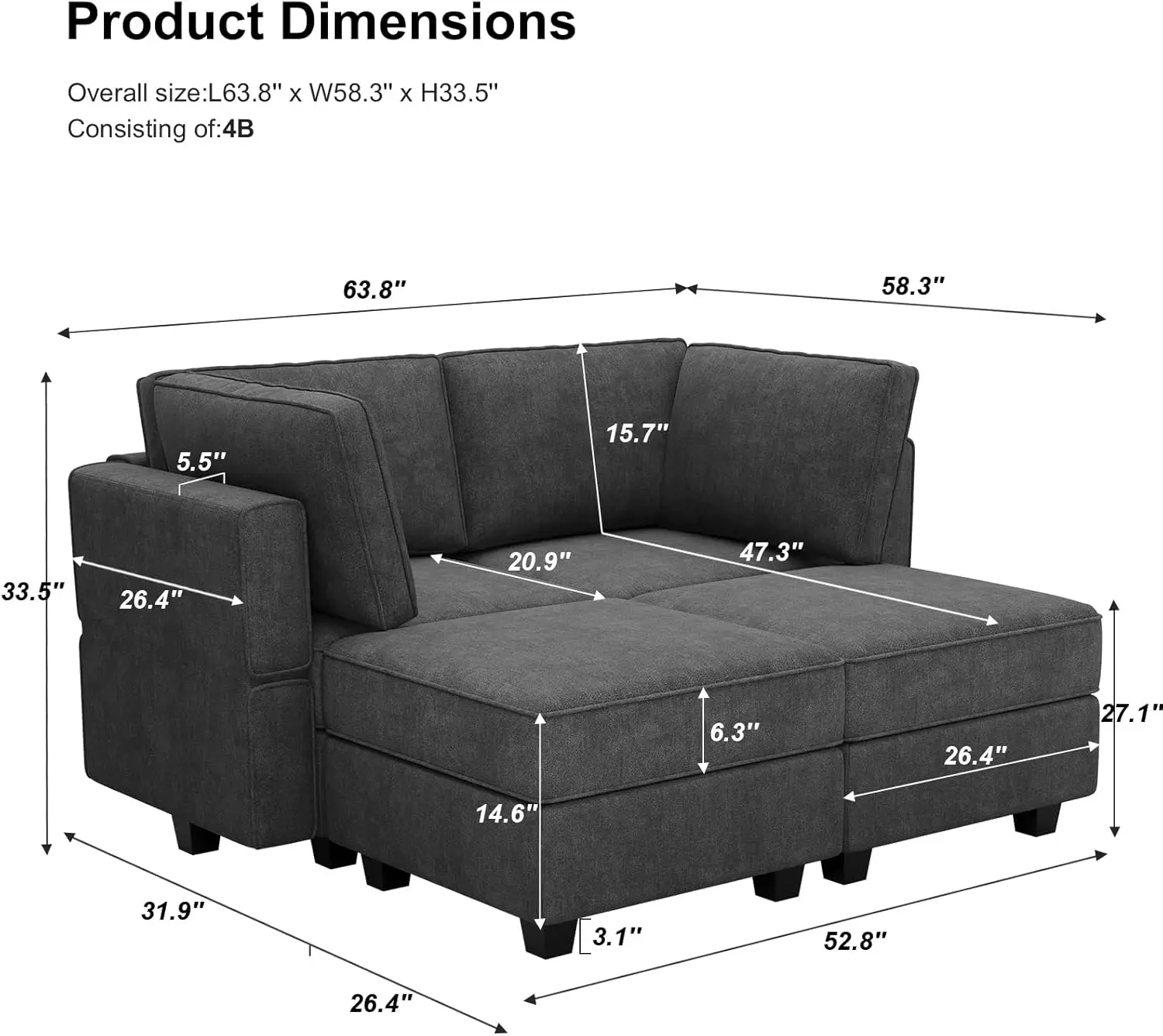 Belffin Modular Sofa Bed Sectional Sleeper Sofa Convertible Sectional Couch Bed Set Reversible Chaise Dark Grey